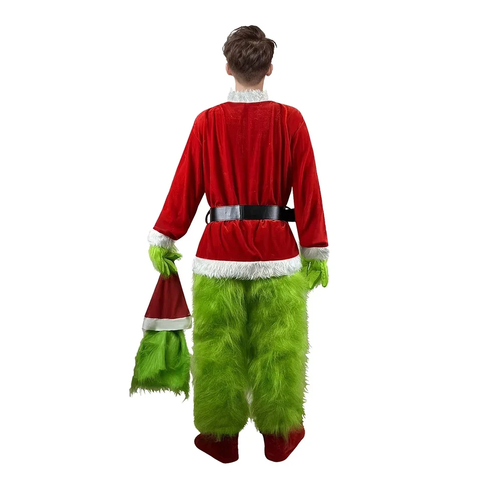 2025 Halloween Santa Claus Costume Set Green Furry Clothes Xmas Halloween Party Performance Outfit Props Tops Pants Socks Bel - Image 3