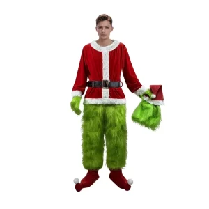 2025 Halloween Santa Claus Costume Set Green Furry Clothes Xmas Halloween Party Performance Outfit Props Tops Pants Socks Bel