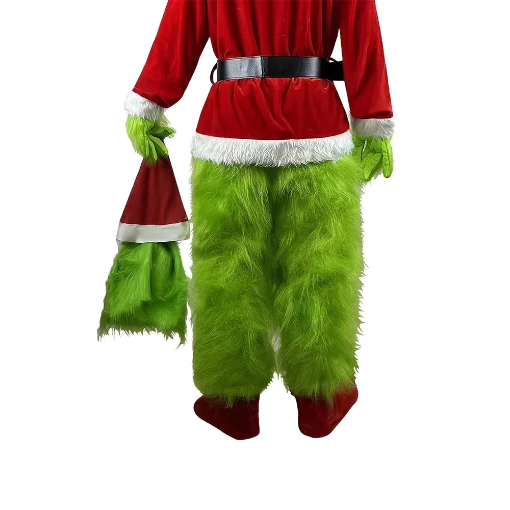 2025 Halloween Santa Claus Costume Set Green Furry Clothes Xmas Halloween Party Performance Outfit Props Tops Pants Socks Bel - Image 5