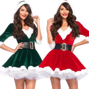 2025 Halloween Women Christmas Suit Costumes Adults Lady Slim Fit Hooded Sexy Velvet Female Santa Claus Cosplay Xmas Party Fanc