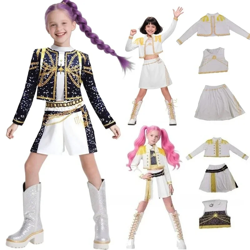 Kids Girls Kpop Demon Hunters Cosplay Costume Rumi Zoey Mira Uniform Suit for Halloween Performance Party Roleplay Outfits