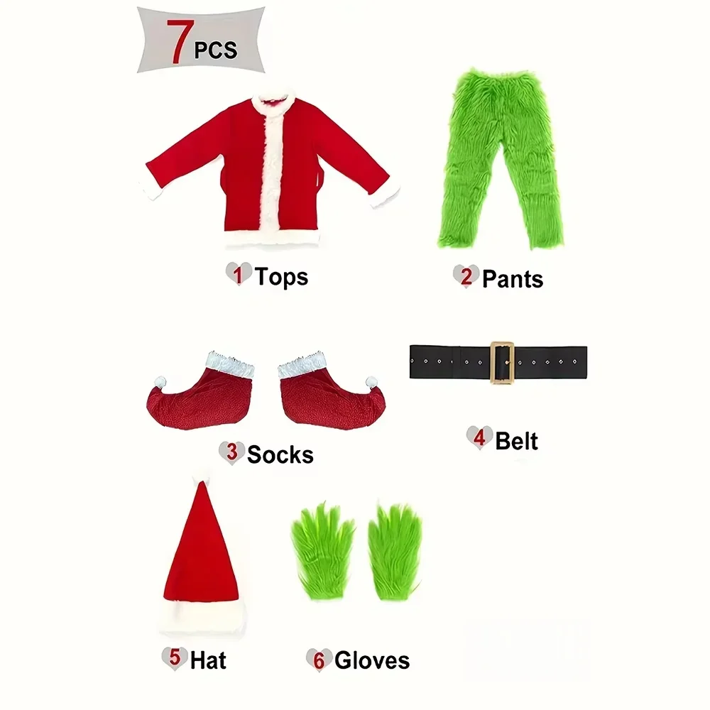 2025 Halloween Santa Claus Costume Set Green Furry Clothes Xmas Halloween Party Performance Outfit Props Tops Pants Socks Bel - Image 2