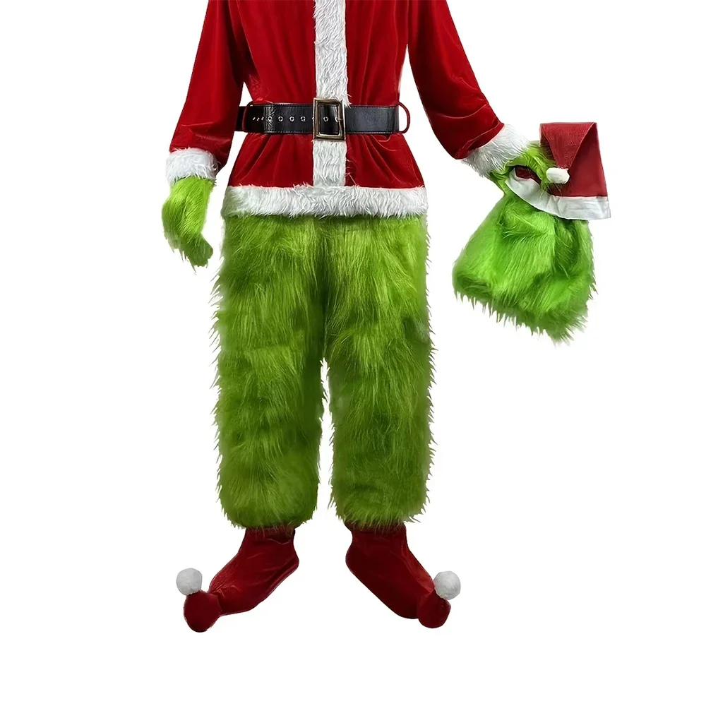 2025 Halloween Santa Claus Costume Set Green Furry Clothes Xmas Halloween Party Performance Outfit Props Tops Pants Socks Bel - Image 4